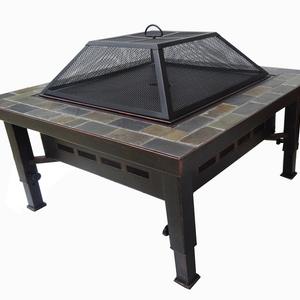 Global Outdoors 34-in Adjustable Leg Square Slate Top Fire Pit with Spark Screen, Weather Resistant Cover and Safety Poker