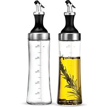 Superior Glass Oil and Vinegar Dispenser, (set of 2) Modern Olive Oil Dispenser, Wide Opening for Easy Refill and Cleaning, Clear Lead Free Glass Oil Bottle, Pouring Spouts, 18 Oz. Cruet Set