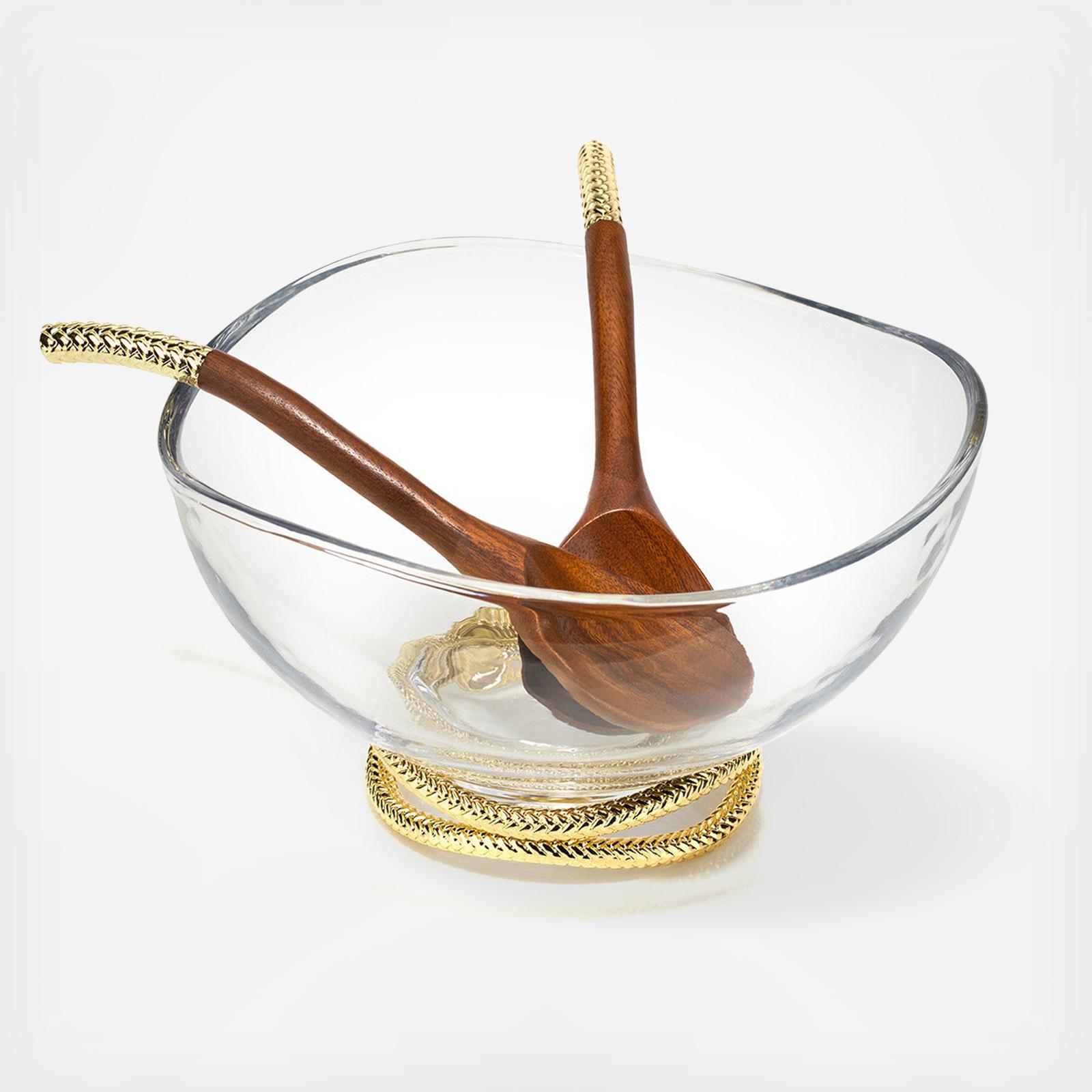 Braid Gold Glass Salad Bowl with Servers - Thumbnail 3