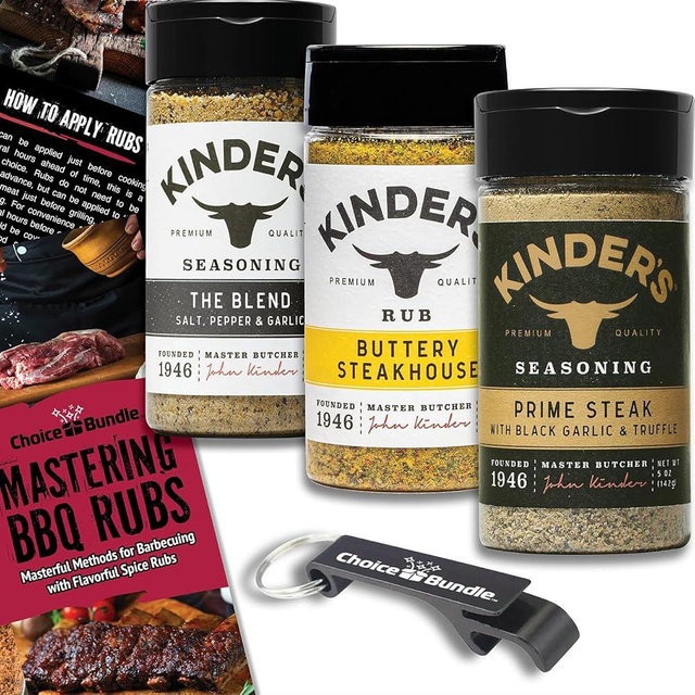 Kinders BBQ Rub Seasoning 3 PK Bundle (16.7 oz) Prime Steak with Black Garlic & Truffle, Kinder's Buttery Steakhouse, Kinder's The Blend Seasoning with Salt, Pepper & Garlic + Guide & Opener 5 Items!