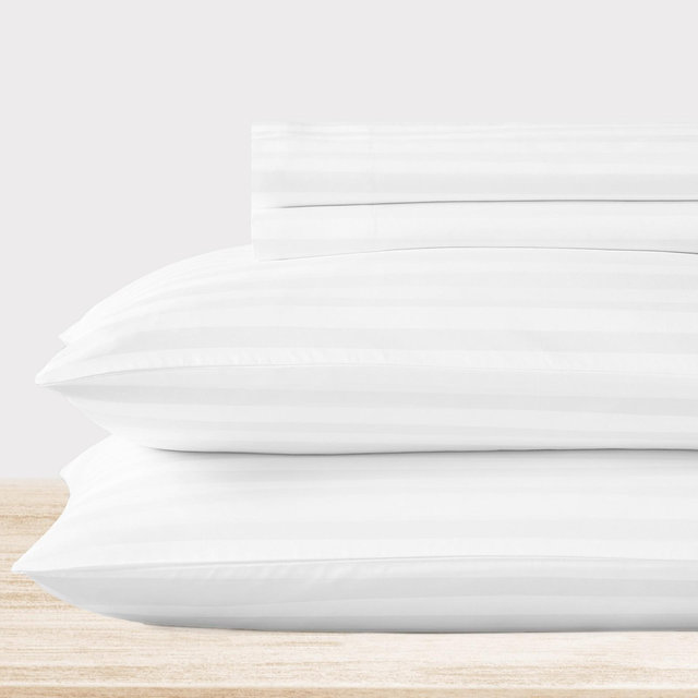 Luxury 500 Thread Count Bed Sheets - Cotton Sateen Sheets Set, Soft, Breathable, Deep Pocket by California Design Den - Bright White Striped, King