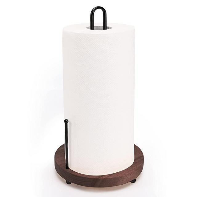 Lorbro Paper Towel Holder, Farmhouse Paper Towel Holder with Heavy Duty Wood Base, Countertop Paper Towel Holder Stand for Kitchen Decor Dining Table Home Brown