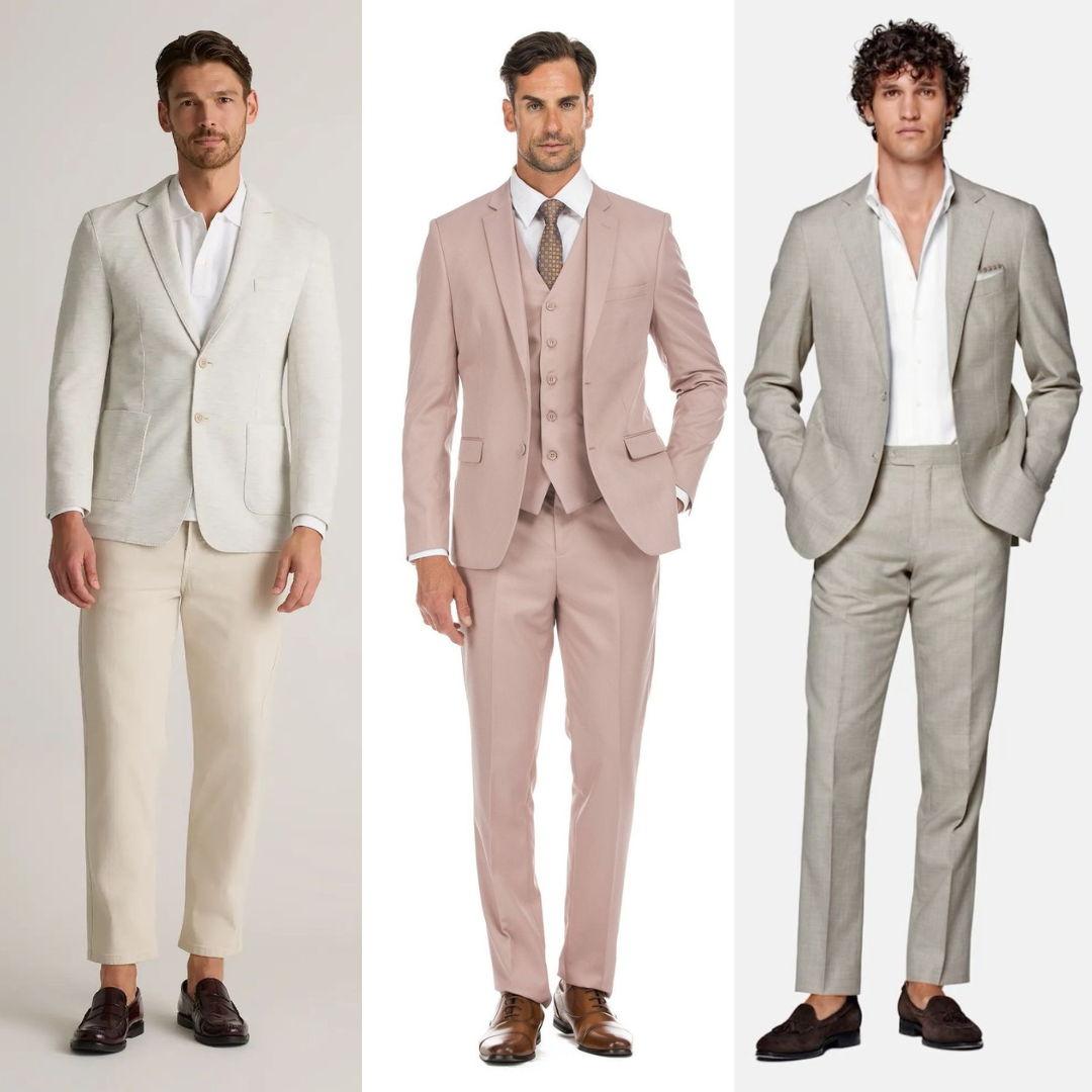 Men’s attire in champagne, blush, and sand tones - soft neutrals that perfectly complement our "Oceanside Sunset" theme.