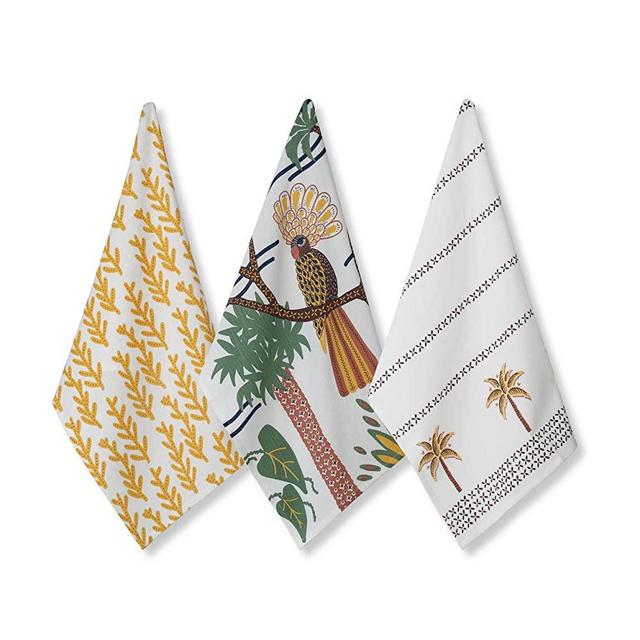 Folkulture Cotton Dish Towels and Kitchen Towels with Hanging Loop, Bohemian Dish Cloth for Household and Decorative Tea Towels for Farmhouse Decor, 20 x 26 Inches, Set of 3, Exotic Bird