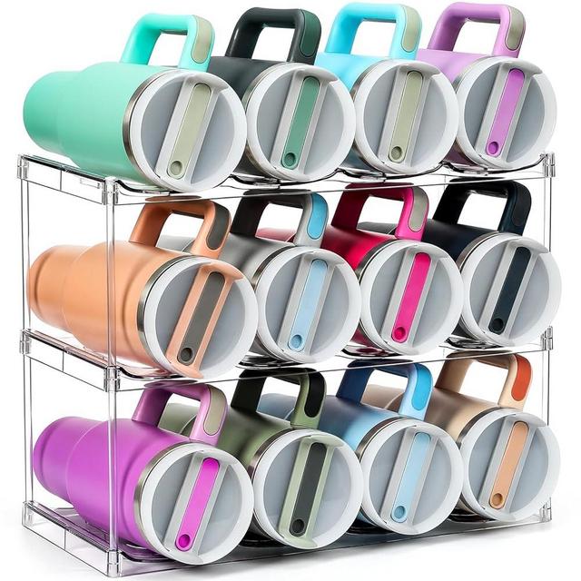 Design for Stanley 40 OZ & Large Bottles & Tumblers with Handle - Acrylic Water Bottle Organizer - Stackable Clear Wine Rack Cup Holder for Home Kitchen Pantry Shelf Countertop Cabinet, 3 Tier Hold 12
