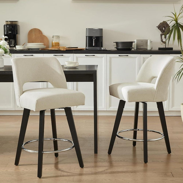 VKNOW 26" Swivel Counter Height Bar Stools Set of 2, Upholstered BarStools with Rubberwood Legs and Supportive Back, Modern Counter Stools for Kitchen Island, Home Bar, Beige