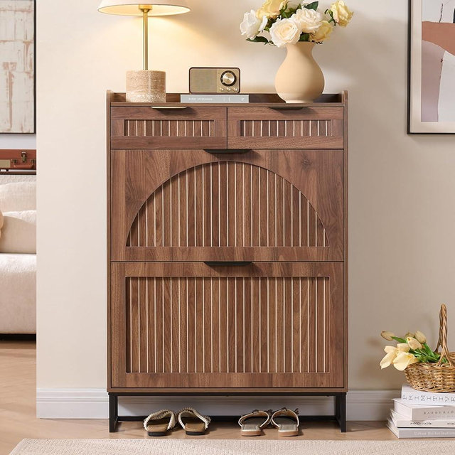 WINWY Fluted Shoe Cabinet Storage for Entryway – Narrow Shoe Rack with 2 Flip Drawers & 2 Storage Drawers, Freestanding Hidden Shoe Organizer for Foyer, Hallway (Walnut)