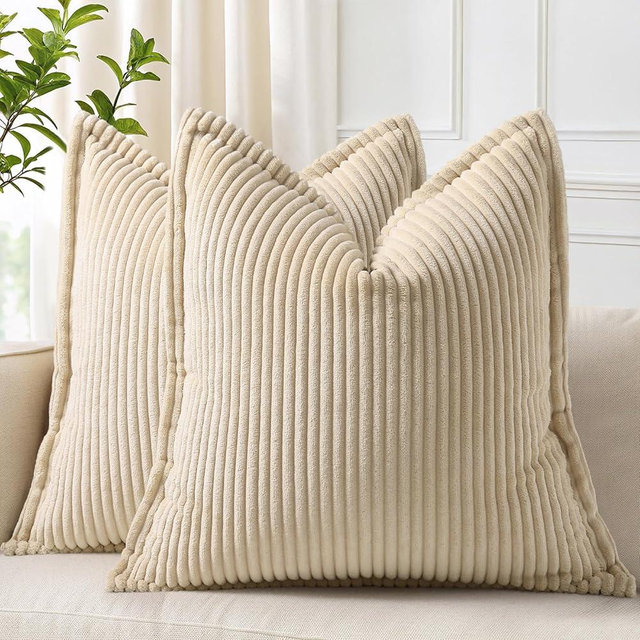 decorUhome Summer Corduroy Beige Throw Pillow Covers 20x20 Set of 2 Decorative Soft Boho Farmhouse Couch Pillow Covers for Living Room Bed Sofa Broadside Striped Pillow Cases
