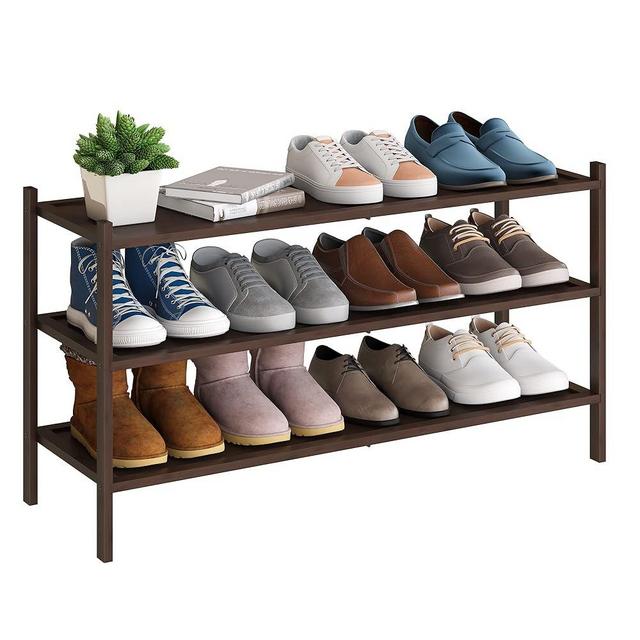 BMOSU 3-Tier Bamboo Extended Shoe Rack Premium Stackable Shoe Shelf Storage Organizer for Hallway Closet Living Room Entryway Organizer(Brown)