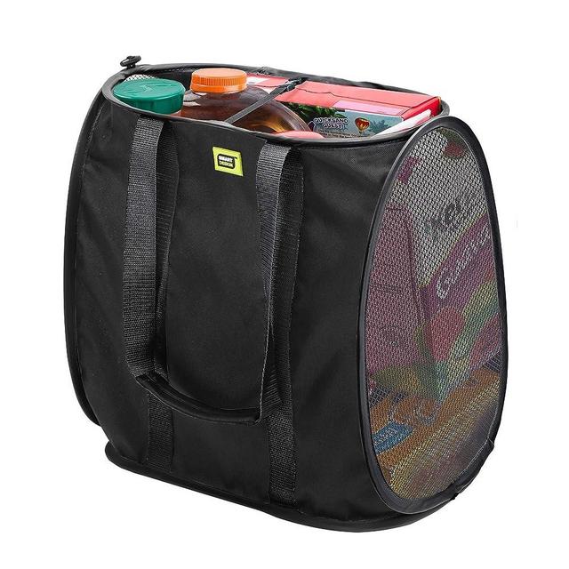 Smart Design Pop Up Shopping Bag - Reusable - Large - Heavy Duty Polyester - Folds Flat - Supermarket, Trunk Storage - Home Organization - 15 x 10 Inch - Black with Black Trim