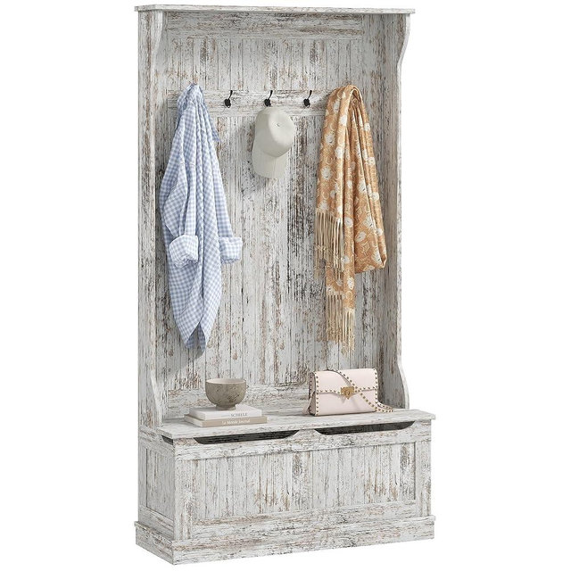 HOMCOM 3-In-1 Hall Tree with Shoe Storage, Standing Coat Rack with Shoe Bench, Entryway Organizer with Five Hooks, Distressed White