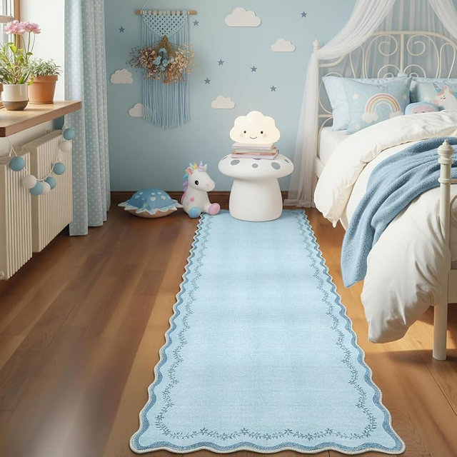 GarveeHome 2x6 Scalloped Washable Runner Rug for Kitchen, Soft Blue Hallway Runner Non Slip Entryway Rug Farmhouse Thin Laundry Mat Stain Resistant Carpet for Bedroom Bathroom Beside Rug