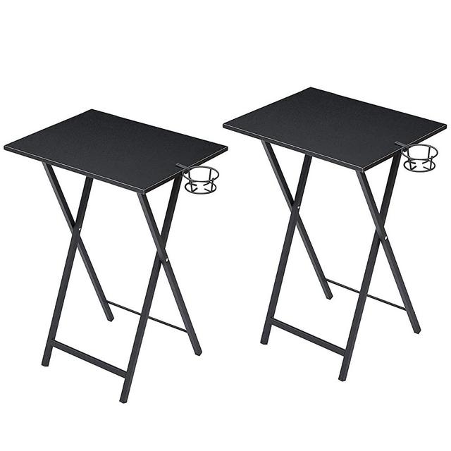 VECELO Folding TV Trays Set of 2, Snack Eating Tables with Cup Holder, Suitable for Couch, Kitchen,Living Room and Bedroom,Easy Assembly and Storage, Black