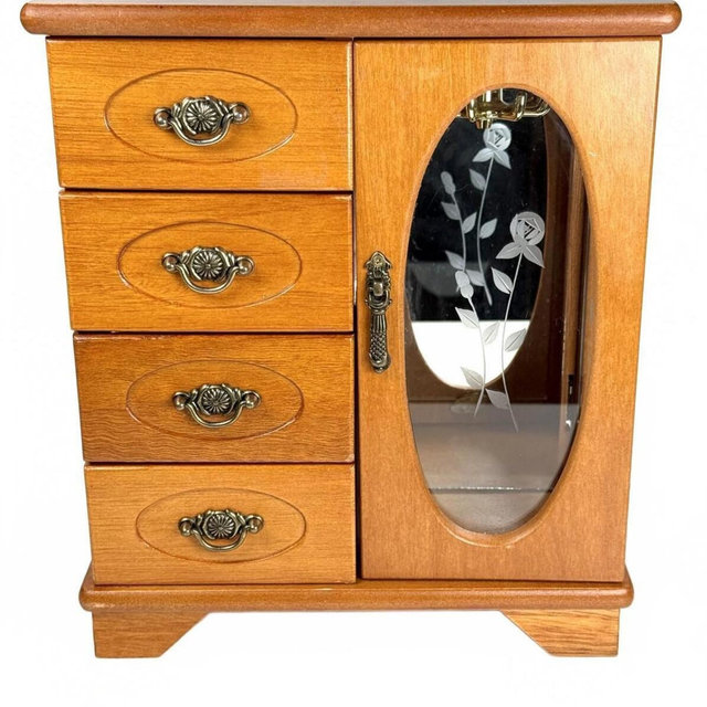 Vintage Etched Flowers Glass Jewelry Wood Armoire Box Mirror Rotating Hooks