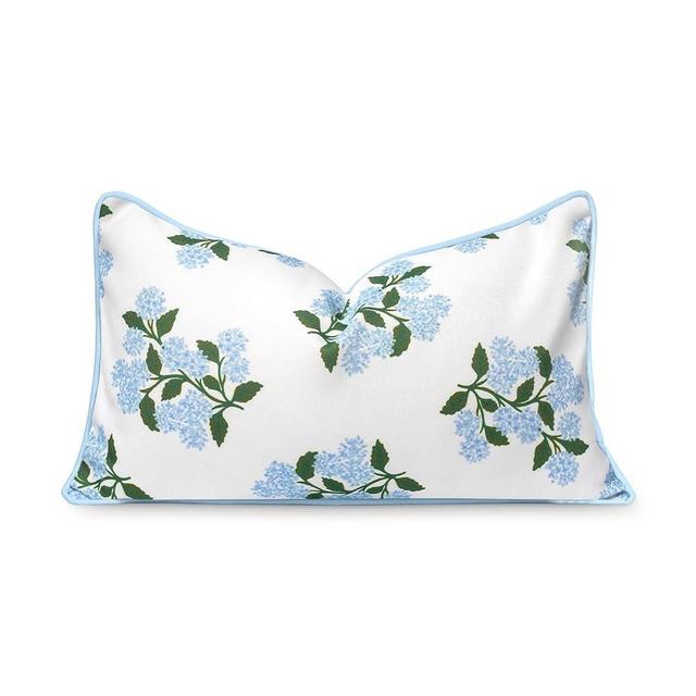 Hofdeco Premium Coastal Patio Indoor Outdoor Lumbar Pillow Cover Only, 12"x20" Water Repellent for Backyard, Couch, Baby Blue Print Hydrangea Flower