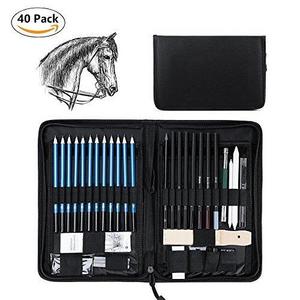 Wonyered 40PCS Professional Art Sketching Pencils Set Drawing Pencils Set Charcoals Graphite Pencils Supplies With Sticks Tools and Kit Bag