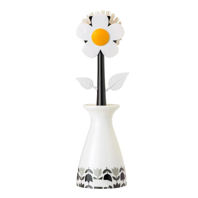 Vigar Flower Power Dish Brush with Vase Brush Holder, Dish Brush with Handle for Pot Scrubber, Dishes, Sink, and Kitchen Essentials, White, Black