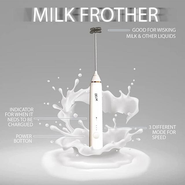 DELM Rechargeable Milk Frother Handheld Foam Maker with Stainless Whisk for Cappuccino, Latte, Bulletproof Coffee, Keto Diet, Protein Powder, Matcha