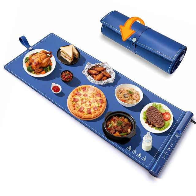Charcofire Food Warming Mat 37.2x15.7 Inch, Electric Silicone Heating Pad for Buffet Party, 7 Temperature Settings with 8H Timer & Child Lock, Portable Food Warmer (Blue)