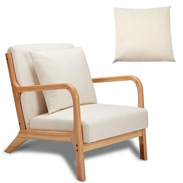 Esright Mid Century Accent Chair Wooden Modern Living Room Fabric Arm Chair, White Accent Chair with Arm, White