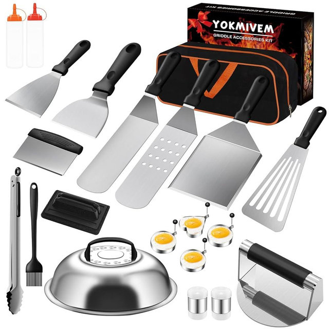 YOKMIVEM Griddle Accessories Kit, 32 PCS Flat Top Grill Accessories Kit for Blackstone and Camp Chef, Griddle Spatula Set with Basting Cover, Enlarged Spatulas, Scraper for Outdoor BBQ
