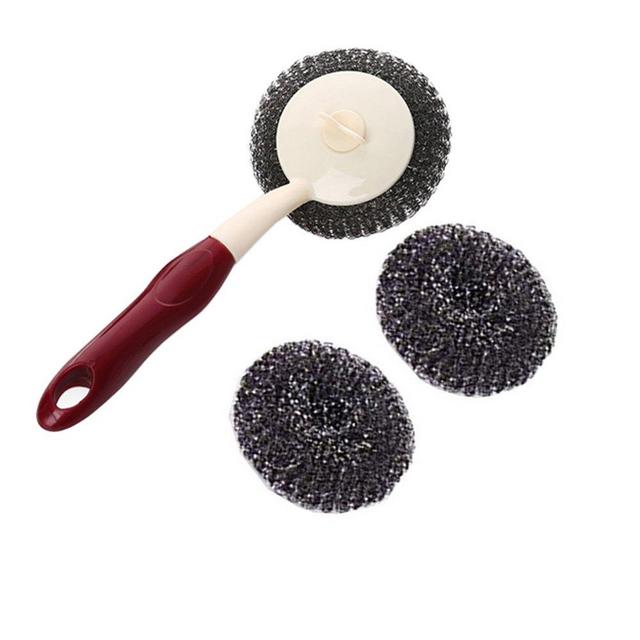 Kxtffeect Set of 1 Multipurpose Stainless Steel&Plastic Wire Scrubbers-Dish/Pot/Coffeemaker/Sink Brushes,1 Handle and 3Pcs of Scouring/Cleaning Steel Wire Balls