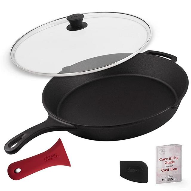 Cast Iron Skillet + Glass Lid + Pan Scraper - 15"-Inch with Cover + Heat-Resistant Silicone Handle Grip - Pre-seasoned Oven-Safe Kitchen Cookware - Indoor/Outdoor - Camping, Grilling, BBQ, Oven Safe
