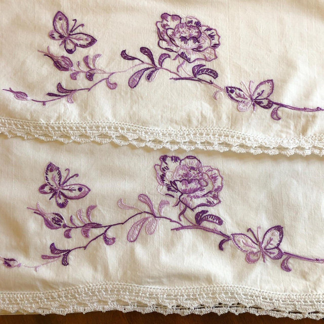 Set of Two Matching White Cotton Pillowcases w/ Hand Embroidered Purple Floral and Butterfles and Hand Crocheted Lace Trim | 20.5" x 29"