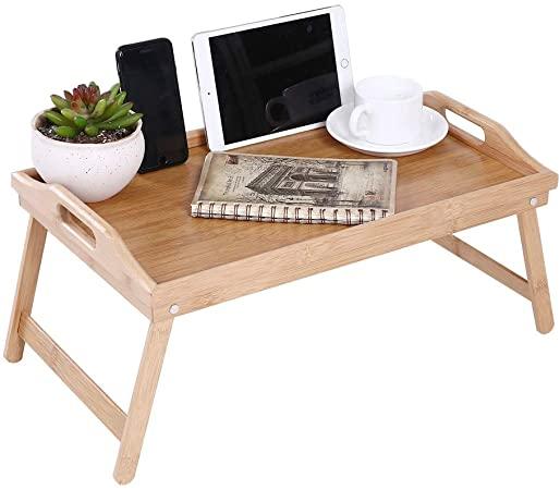 KKTONER Bamboo Bed Tray Table with Folding Legs Foldable Serving Portable Laptop Tray Snack Tray Breakfast Tray Bed Table Drawing Table