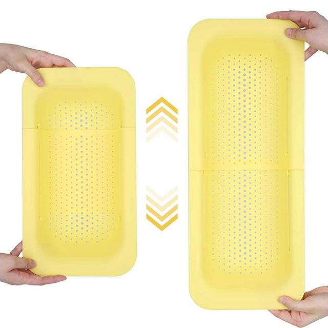 Blue Ginkgo's Over the Sink Colander Strainer Basket - Wash Vegetables and Fruits, Drain Cooked Pasta and Dry Dishes - Extendable - New Home Kitchen Essentials (7.9 W x 14.5-19.5 L x 2.75 H) - Yellow
