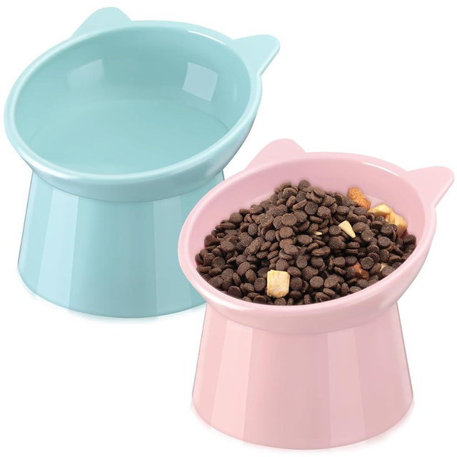 Zhehao 2 Pieces Plastic Raised Bowl Tilted 15 Degrees Elevated Cat Food and Water Bowls Set Anti Vomit Dog Kitten Food Dishes Pet for Cats and Small Dogs (Green, Pink)