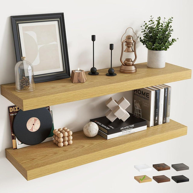 Floating Shelves for Wall with Invisible Brackets, Wall Mounted Engineered Wood Shelves with Wood Grain for Living Room, Bedroom, Bathroom, Kitchen Decor and Storage, Oak, 40"L Set of 2, Oak