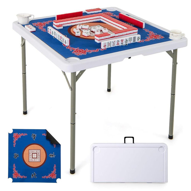Giantex Folding Mahjong Table, 35" Square Card Table with Cup Holders, Removable Noise Reduction Mat, HDPE Tabletop, 4-Player Portable Domino Tables for Poker Blackjack Board Game (Navy)
