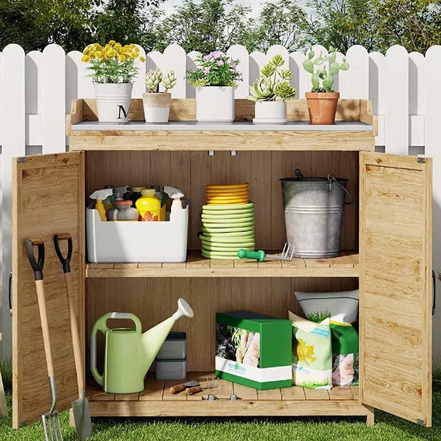 Gizoon Outdoor Potting Bench with Metal Tabletop, Double Doors Garden Potting Table with Adjustable Shelf, Wooden Planting Table Potting Stand for Backyard, Patio, Lawn -Natural