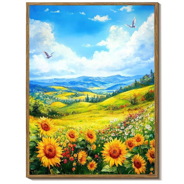 Framed Canvas Wall Art, Sunflower Wall Decor Painting, Watercolor Flower Art, Nature Landscape Prints Pictures, Rustic Farmhouse Wall Decor for Living Room 12x16 Inch