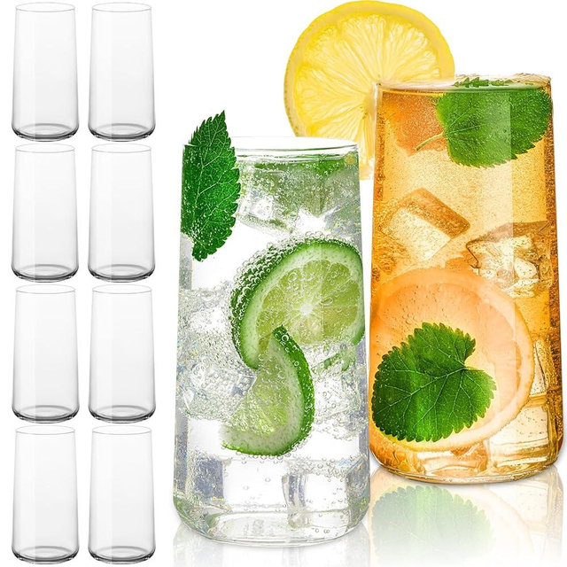 VasoArte 18 oz Drinking Glasses with Straws, Set of 8 Highball Glasses, Avant-garde Modern Minimalist Design Tall Water Glasses, Lightweight Crystal Glass cups, Cocktail Glass, Bar Glassware set