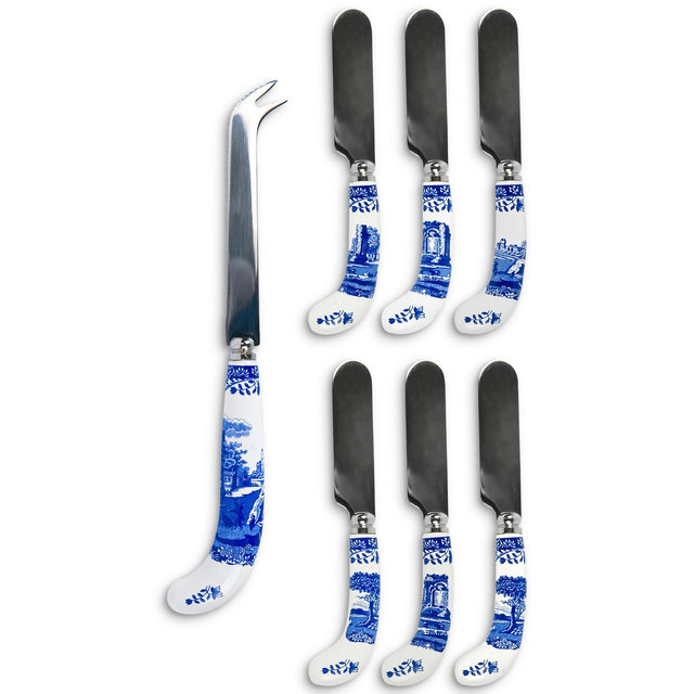 Spode Blue Italian Cheese Knife & Set of 6 Spreaders