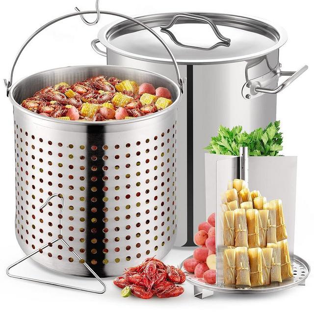 ARC 100-quart Large Stainless Steel Stockpot for Seafood Boiler Crawfish Pot w/Basket and Steamer Rack, Outdoor Cooking Pot for Crab Lobster Shrimp Boiling, and Tamales Steamer, 25 Gal