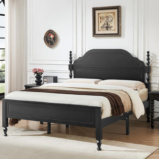 BedsPick Wood Bed Frame Queen Size, Wooden Retro Style Queen Bed Frame with Headboard and Footboard, Heavy Duty Bed Frame with 12 Wood Slats Support, No Box Spring Needed, Noise Free, Black