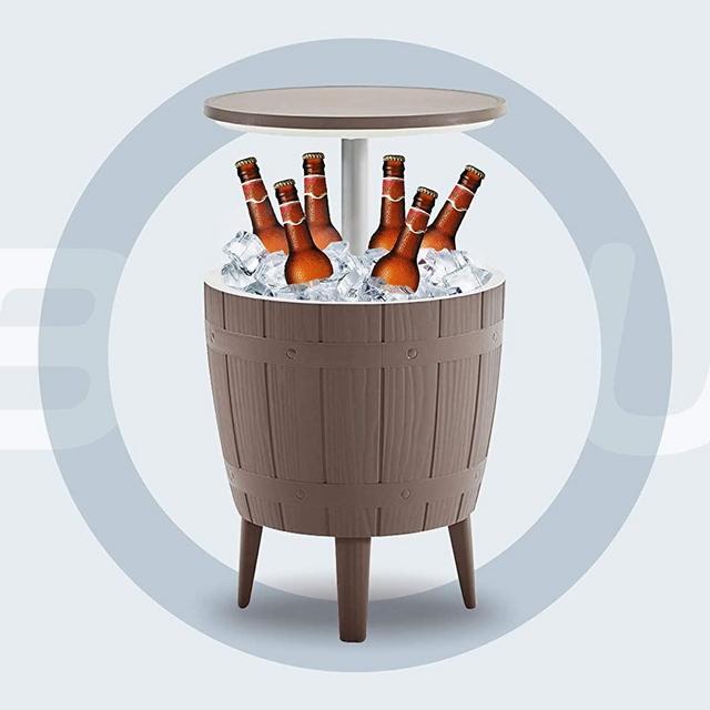 BLUU Outdoor Patio Cooler Bar Table | Adjustable Height| 3-in-1 Combines Cooler, Cocktail Table and Coffee Table | Waterproof & Steady Grey with 9.8 Gallon ｜4 Champagne Glasses Included.