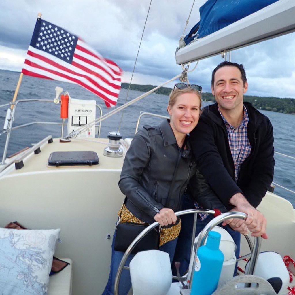 Max and Stephanie sailing on their original wedding day