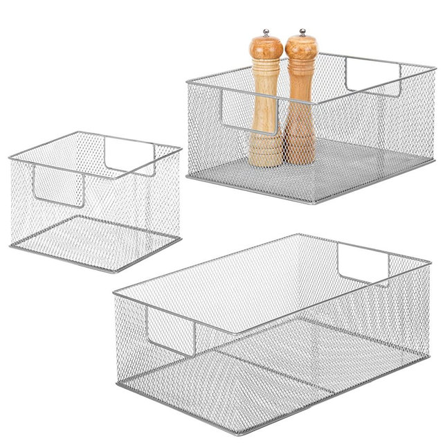 MyGift Modern Wire Nesting Storage Baskets - Silver Metal Pantry Shelf Bins, Multipurpose Utility Organization, 3-Piece Set
