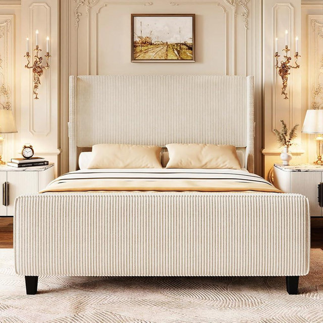VINTLJUS King Size Bed Frame and Headboard, Upholstered King Bed Frame with Tall Wingback Headboard & Footboard, USB Ports, Easy Assembly, Beige