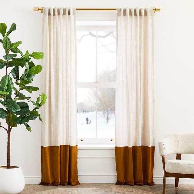 European Flax Linen & Luster Velvet Curtain, Natural & Golden Oak, 48"x96"