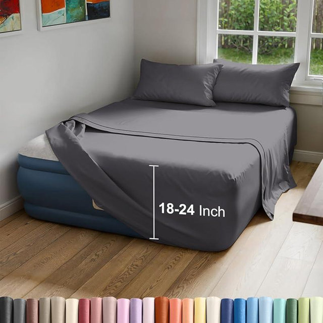 Air Mattress Sheet Set for Queen Size - 4 Piece Breathable & Cooling Sheets w/Extra Deep Pockets - Fits Inflatable & Blow Up Air Mattresses Up to 24 Inches Thick - Soft and Wrinkle Free - Dark Grey
