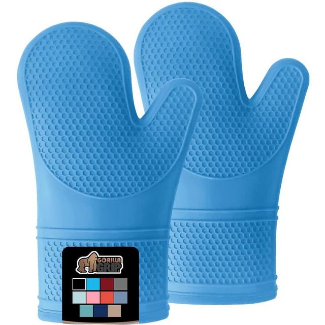 Gorilla Grip Heat and Slip Resistant Silicone Oven Mitts Set, Soft Cotton Lining, Waterproof, BPA-Free, Long Flexible Thick Gloves for Cooking, BBQ, Kitchen Mitt Potholders, Sets of 2, 12.5 in, Aqua