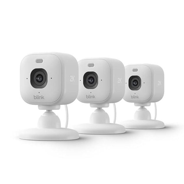 Blink Mini 2K+ (newest model) – Plug-in Home & Pet Security Camera with 2K video resolution, color night vision, enhanced audio, motion detection – 3 camera (White)