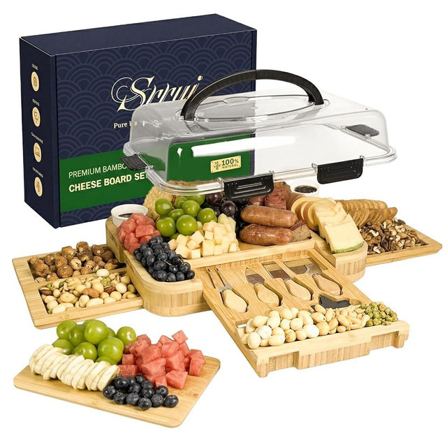 Charcuterie Board with Lid Gift Set - Cheese Bamboo Tray with Utensils, 2 Sauce Bowls,Fruit Tray and Food-Grade Seal Included - Portable with Handle for Travel, Parties, Kitchen Gifts for Women