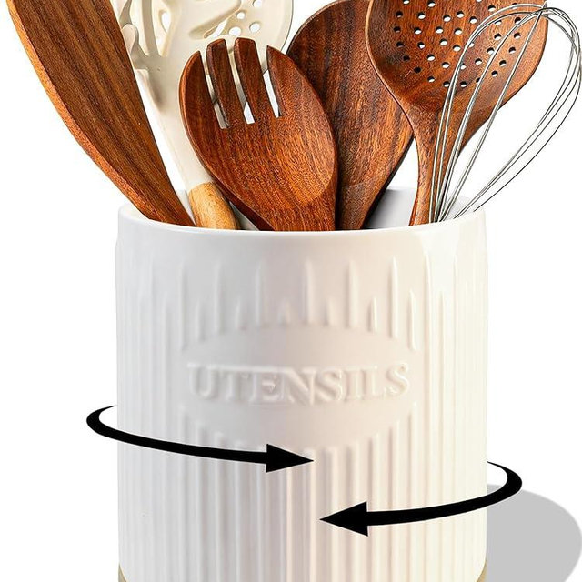 QINSDESIGNS 360° Rotating Utensil Holder, 7.6" Large Ceramic Kitchen Utensil Holder for Countertop with Bamboo Base, Stable Utensil Organizer, Farmhouse kitchen Decor, White