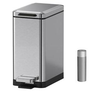 Mbillion Bathroom Trash Can with Lid Slim Stainless Steel Small Bathroom Garbage Can 10 Liter, 2.6 Gallon Soft Close, Step Pedal, Slim Wastebasket for Toilet, Office, Bedroom, Brushed Silver